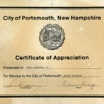 City of Portsmouth, New Hampshire, Certificate of Appreciation: Presented to Harold Whitehouse for Service to the City of Portsmouth Charter Commission.